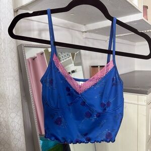 Floral Lace Trim Cami Top - Blue and Pink